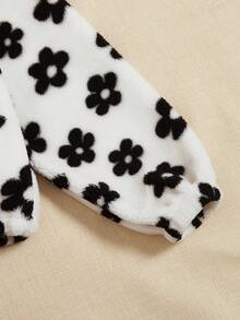 SHEIN Qutie Vải in hoa Một nửa khóa kéo Viền kéo ra Áo nỉ - Đen và trắng - Xem 4