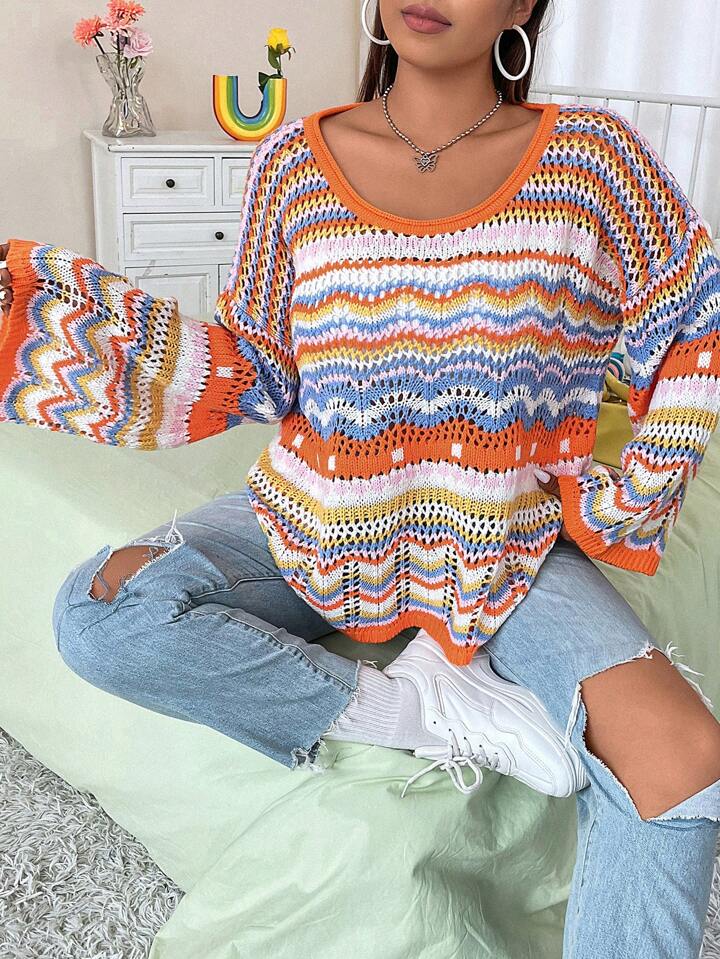 Flirla Plus Chevron Pattern Drop Shoulder Pointelle Knit