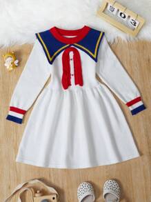 SHEIN 女小童水手領紐扣細節條紋飾邊毛衣洋裝 - 白色 - 查看 1