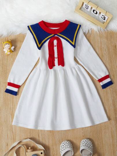 SHEIN 女小童水手領紐扣細節條紋飾邊毛衣洋裝