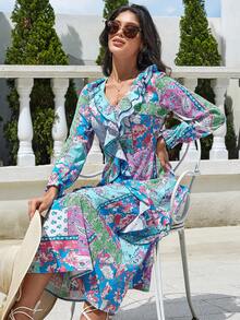 Eilly Bazar Floral Print Ruffle Trim Dress - Multicolor - View 6