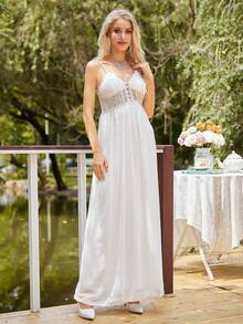 Contrast Lace Cami Wedding Dress - White - View 5