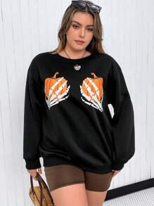 Flirla Plus Halloween Print Drop Shoulder Sweatshirt Pullover Fall Sweatshirt - Black - View 5