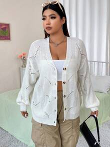 Flirla Plus Pointelle Knit Drop Shoulder Cardigan - White - View 8