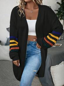 SHEIN LUNE Plus Striped Pattern Drop Shoulder Duster Cardigan - Black - View 1