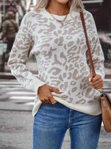 SHEIN LUNE 豹纹落肩针织套头衫秋冬毛衣 - 彩色 - 查看 4
