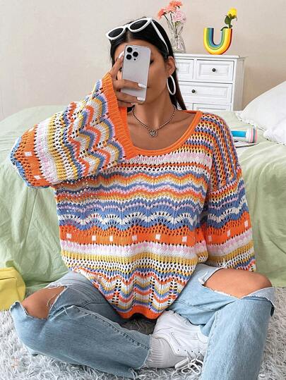 Flirla Plus Pattern Drop Shoulder Pointelle Knit Sweater, For Winter Fall