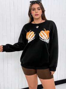 Flirla Plus Halloween Print Drop Shoulder Sweatshirt Pullover Fall Sweatshirt - Black - View 3
