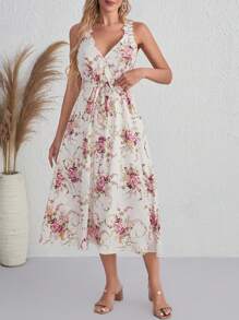 SHEIN Clasi Floral Print Belted Cami Dress - White - View 4