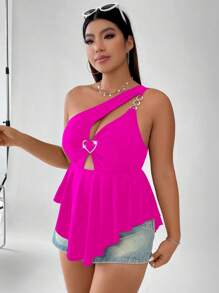 SHEIN Allurite Plus Heart Ring Linked Cut Out One Shoulder Peplum Top - Hot Pink - View 4