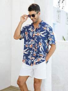 Men Floral Print Shirt - Blue - View 3