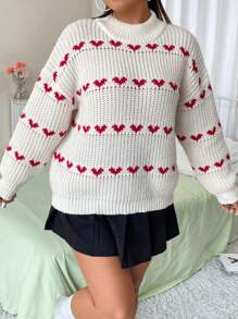 Flirla Plus Heart Pattern Drop Shoulder Sweater, For Winter Knit Pullover Fall Outfit - Multicolor - View 6