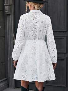 SHEIN Frenchy 網眼刺繡前紐扣襯衫洋裝 - 白色 - 查看 2