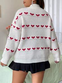 Flirla Plus Heart Pattern Drop Shoulder Sweater, For Winter Knit Pullover Fall Outfit - Multicolor - View 2