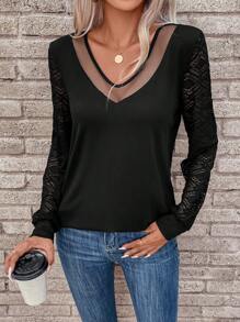 SHEIN LUNE 蕾絲拼接V領T恤 - 黑色 - 查看 5
