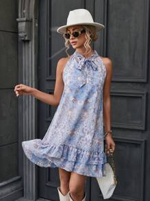 Aveloria Vestido con estampado de paisley de cuello con cordón bajo con fruncido