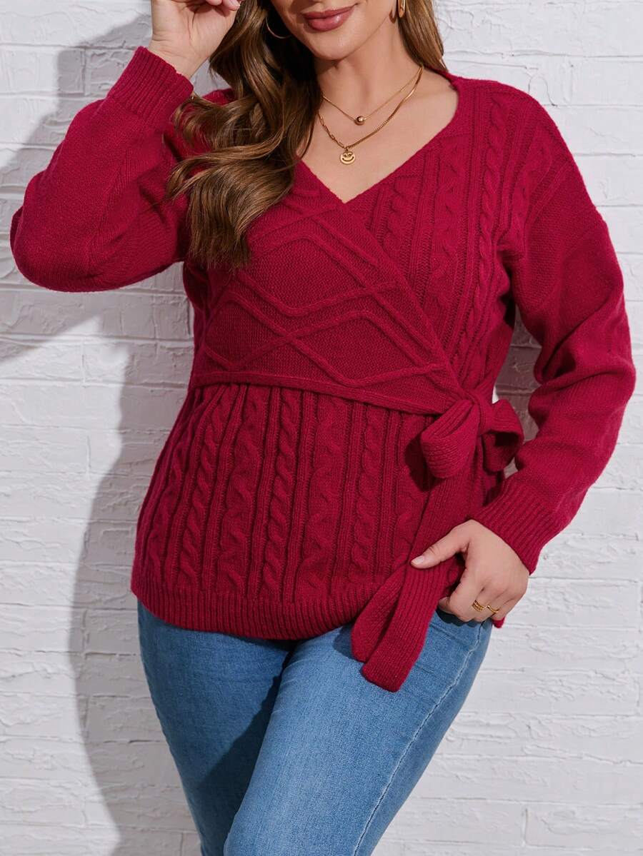 SHEIN LUNE Plus Cable Knit Knot Side Wrap Sweater - Red - View 1