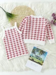 SHEIN Young Girl Houndstooth Pattern Cardigan & Cami Knit Top - Red and White - View 2