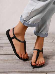 Women's Simple Ankle Strap Toe Ring Fascinating Flat Sandals For Outdoor, Beach, Vacation, Summer - Black - View 1