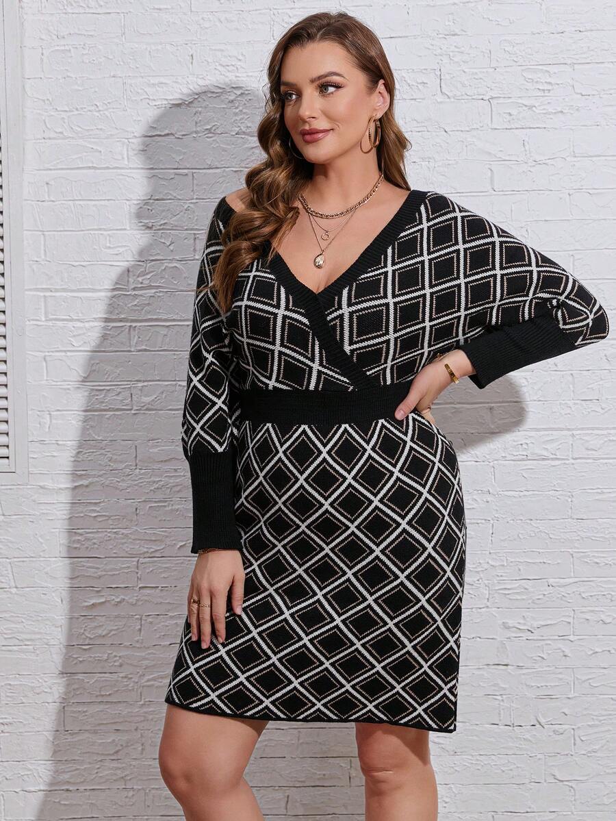 EMERY ROSE Plus Plaid Pattern Batwing Sleeve Sweater Dress - Multicolor - View 1