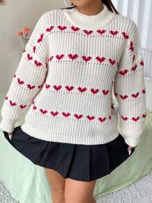 Flirla Plus Heart Pattern Drop Shoulder Sweater, For Winter Knit Pullover Fall Outfit - Multicolor - View 7