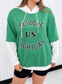 Flirla Plus Size Letter Graphic Drop Shoulder Drawstring Sweatshirt Pullover Fall Sweatshirt - Multicolor - View 5