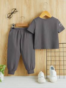 SHEIN Leap Crew Baby Boy Casual Slogan Graphic Round Neck Short Sleeve T-Shirt And Elastic Cuff Pants Set - Grey - View 11