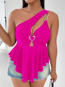 SHEIN Allurite Plus Heart Ring Linked Cut Out One Shoulder Peplum Top - Hot Pink - View 8