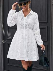 SHEIN Frenchy 網眼刺繡前紐扣襯衫洋裝 - 白色 - 查看 1