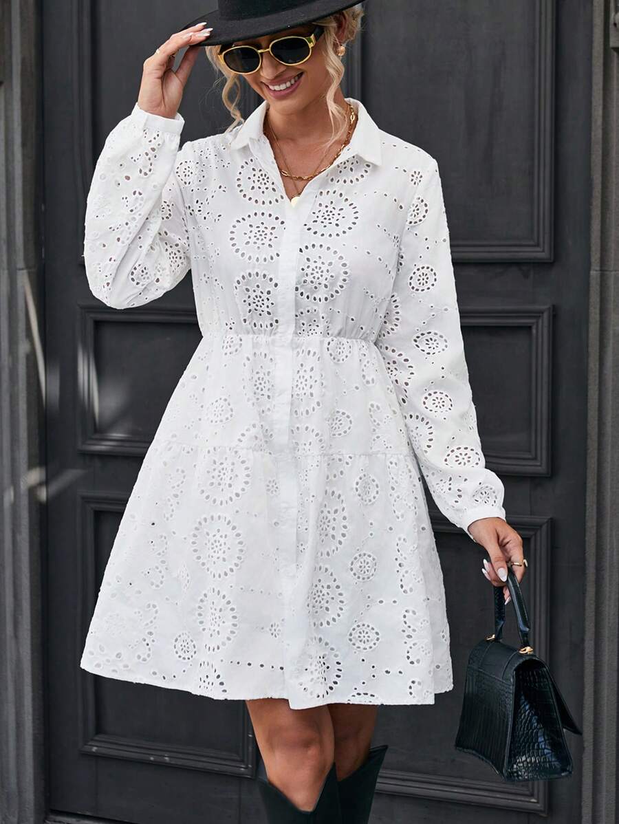 SHEIN Frenchy 網眼刺繡前紐扣襯衫洋裝 - 白色 - 查看 1