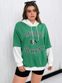 Flirla Plus Size Letter Graphic Drop Shoulder Drawstring Sweatshirt Pullover Fall Sweatshirt - Multicolor - View 3