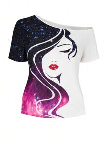 SHEIN LUNE Hơn Đồ họa Hình Cổ không đối xứng Áo thun - Nhiều màu - Xem 1