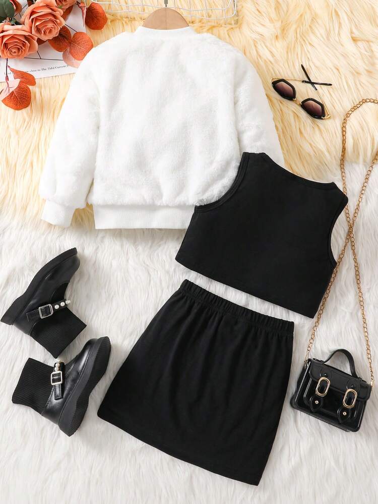 Young Girl Zip Up Teddy Bomber Jacket & Tank Top & Skirt