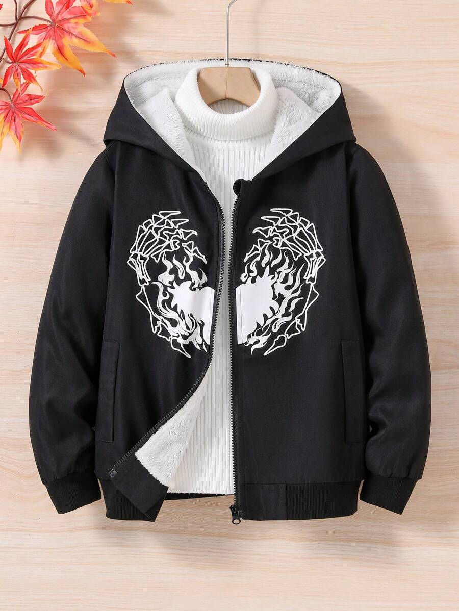 SHEIN Tween Girl 1pc Skeleton Hand Print Teddy Lined Hooded Jacket - Black - View 1