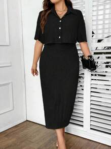 SHEIN Clasi Plus Solid Dress & Button Front Jacket - Black - View 7