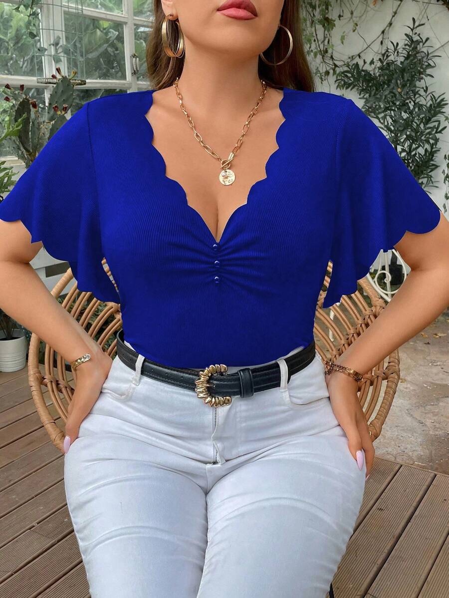 SHEIN Clasi Plus Scallop Trim Ruched Front Tee - Blue - View 1