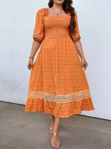 Breezaya Hơn Ren tương phản Cổ vuông Ống tay áo Đầm - trái cam - Xem 5