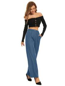 Solid High Waist Straight Leg Pants