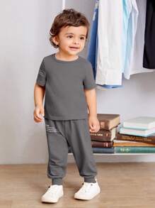 SHEIN Leap Crew Baby Boy Casual Slogan Graphic Round Neck Short Sleeve T-Shirt And Elastic Cuff Pants Set - Grey - View 9