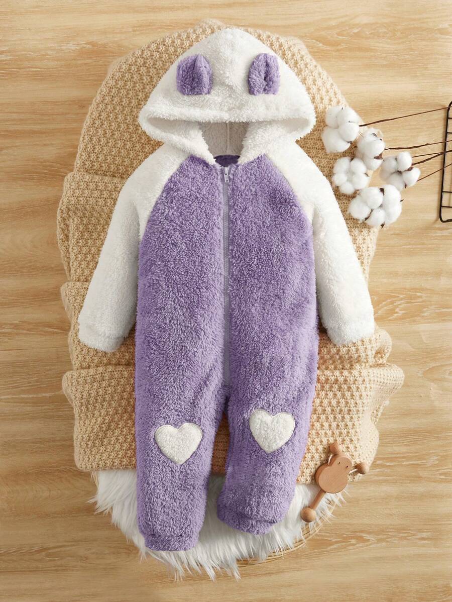 SHEIN Đứa bé gái Thiết kế tai 3D Tay Raglan áo có mũ Teddy Áo liền quần - Màu Lilac Tím - Xem 1