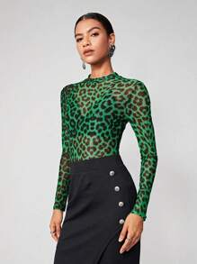 Maija 豹紋印花透視網紗上衣不附胸罩