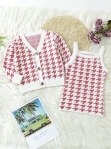 SHEIN Young Girl Houndstooth Pattern Cardigan & Cami Knit Top - Red and White - View 1