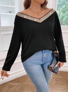 SHEIN LUNE Plus Contrast Sequin Off Shoulder Sweatshirt Graduation,Back To School Outfits,Graduation,Teacher Outfits For Women,Back To School Pullover Fall Outfit - Black - View 4