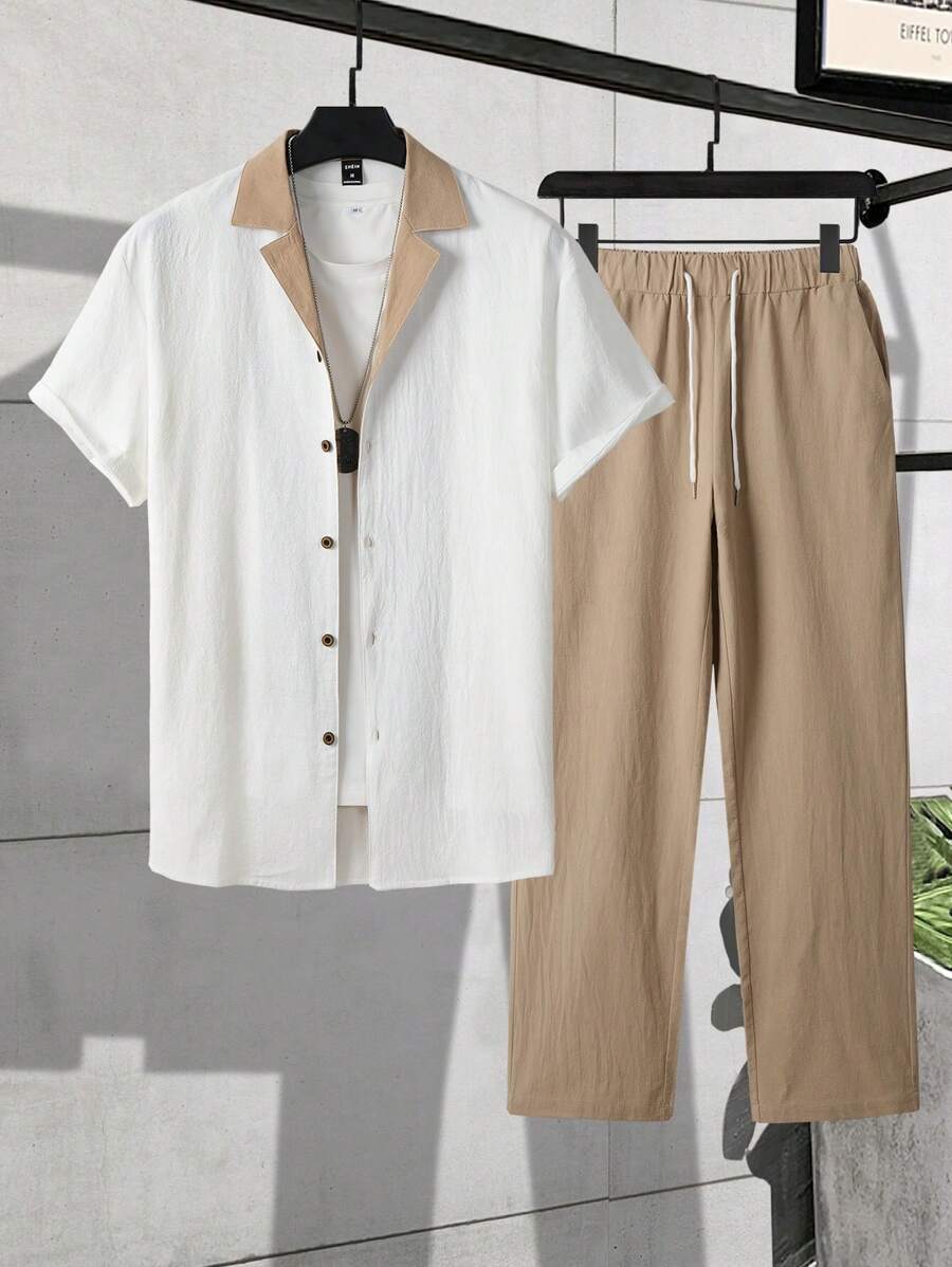 Manfinity Homme Men Loose Colorblock Button Up Shirt & Pants , Work , Casual , Husband , Color Block - Khaki - View 1