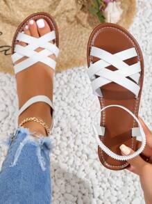 優雅白色涼鞋適用於女士交叉踝帶平底涼鞋 - 白色 - 查看 2