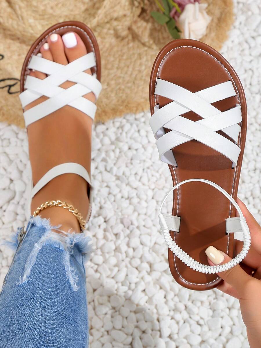 優雅白色涼鞋適用於女士交叉踝帶平底涼鞋