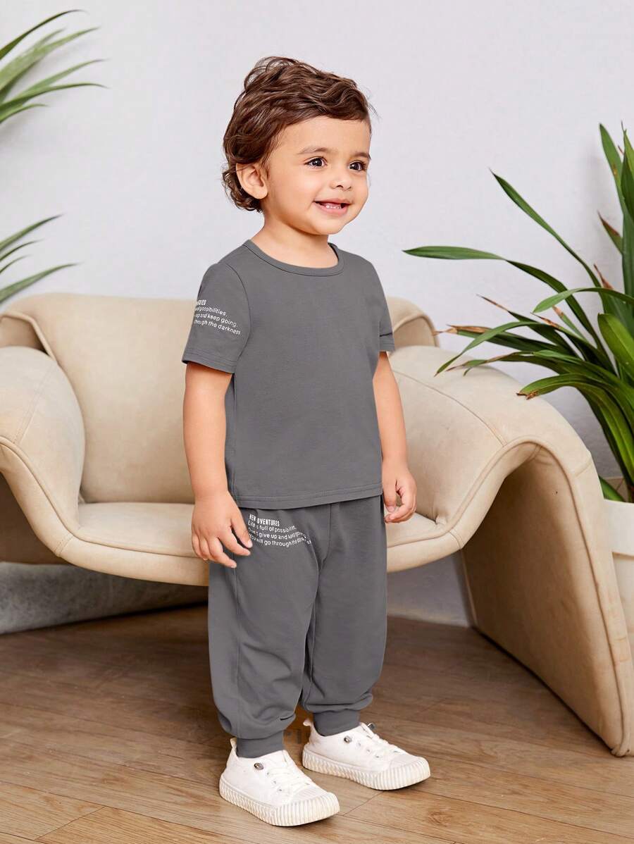 SHEIN Leap Crew Baby Boy Casual Slogan Graphic Round Neck Short Sleeve T-Shirt And Elastic Cuff Pants Set - Grey - View 1