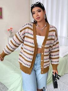 Flirla Plus Striped Pattern Drop Shoulder Cardigan - Multicolor - View 8