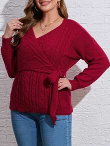 SHEIN LUNE Plus Cable Knit Knot Side Wrap Sweater - Red - View 7