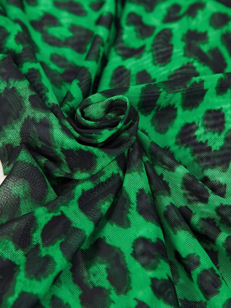SHEIN Maija Women's Green Leopard Print Mesh Top,Autumn Y2k Night Out Party Outfits,Boyish Bohemian Style Long Sleeve Summer Vacation Beach Wear Casual Sheer Top